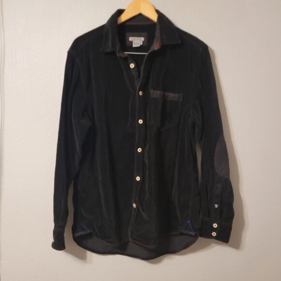 32 Bar‎ Blues Shirt Mens Large Black Elbow Patches Velour Button Up Long Sleeve - Picture 1 of 9